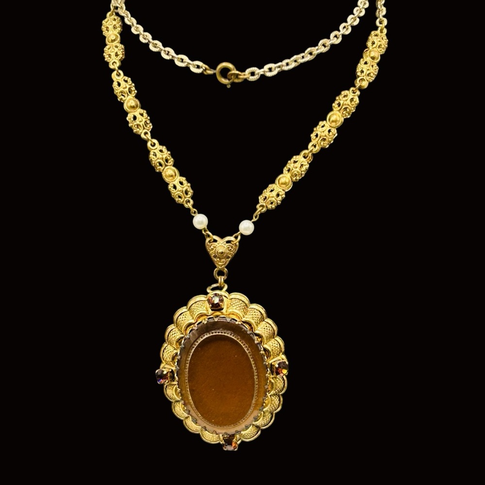 Vintage West Germany Topaz Glass Rhinestone Pendant Necklace